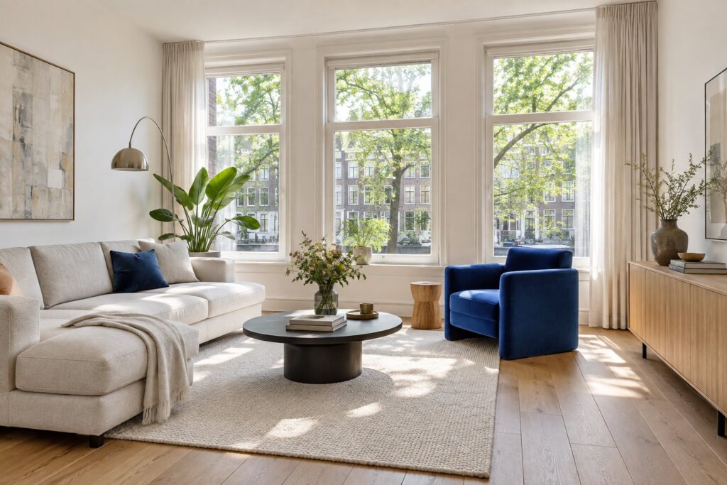Lichte woonkamer met blauwe fauteuil — gegenereerde conceptfoto
