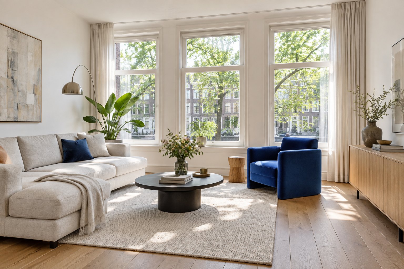 Lichte woonkamer met blauwe fauteuil — gegenereerde conceptfoto
