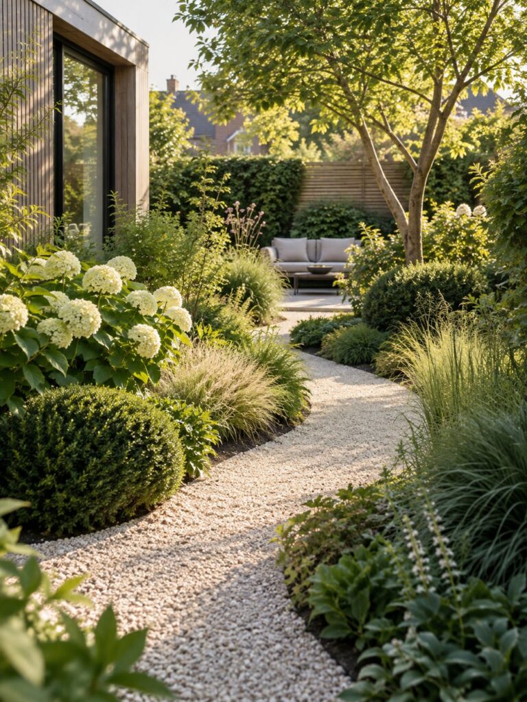 Groene tuin met een licht slingerend pad in de zon
